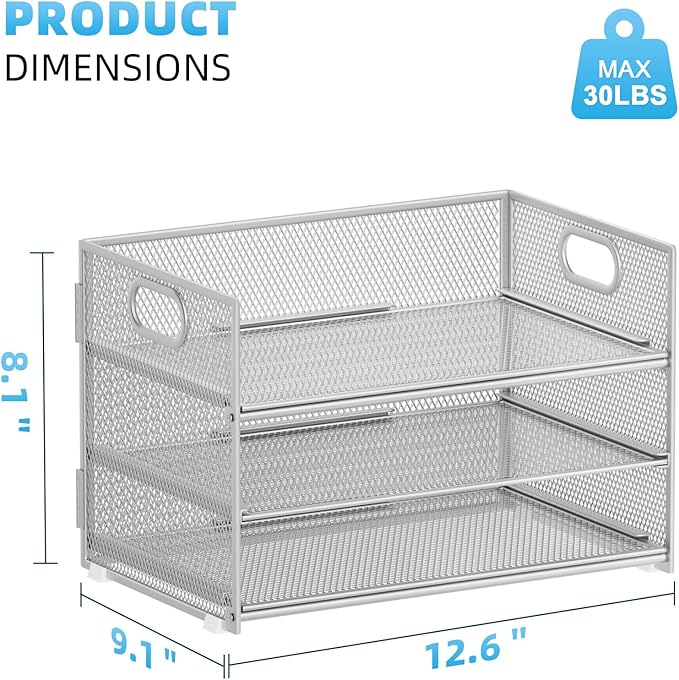 Marbrasse 3 Tier Paper Organizer Letter Tray, Mesh File Organizer with Handle, Paper Sorter Desk Organizer for Home Office Supplies - Silver