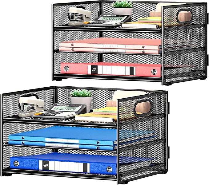 Subekyu 2-Pack 3-Tier Paper Letter Tray Organizer for Desk, Black Metal Mesh File Sorter Organizer with Handle and 1 PC Sliding Tray for Home Office School Desk Supplies Organization Storage