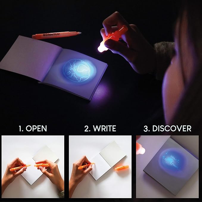 BONNYCO Invisible Ink Pen and Notebook, Pack of 16 Party Favors for Kids Birthday | Spy Pen Party Supplies, Pinata Stuffers, Prizes for Kids | Magic Pen Birthday Party Favors, Prizes for Students