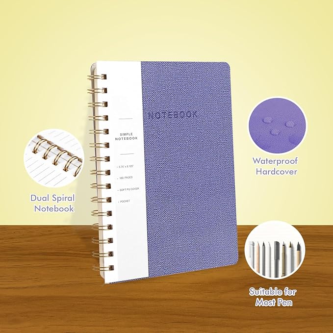 Spiral Notebook - Lined 160 Pages Journal with Back Pockets for College Journal, Twin-Wire Binding Notebook Perfect for Office & Home School Supplies Violet Reef Blue Grey