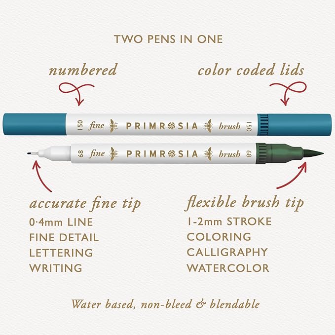 Primrosia 12 Dual Tip Watercolor Marker Pens - Fine Tip & Brush Tips, Professional Quality, 4 x Sticker Sheets, Blendable, Non-Toxic, Perfect for Calligraphy, Drawing & Coloring. (Alpine)