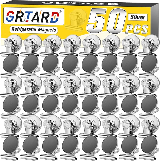 Magnetic Clips 50 Pack Office Products, Stainless Steel Clips Peferct for House Office School Use, Hanging Home Decoration, Photo Displays, 1.2 Inch, (Silver)