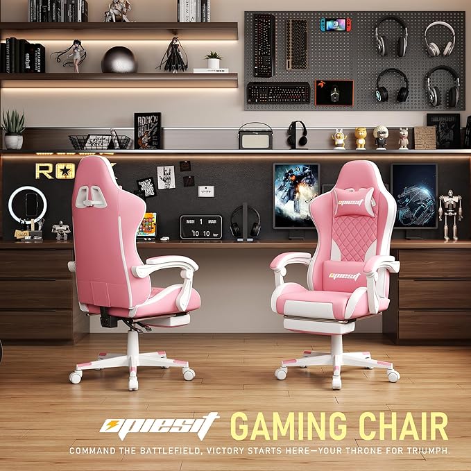 Gaming Chair,Ergonomic Computer Chairs for Adults with Footrest, PU Leather Office Chair with Adjustable Lumbar Support & Pocket Spring Cushion - Heavy Duty 400lb Capacity Gamer Chair (Pink)
