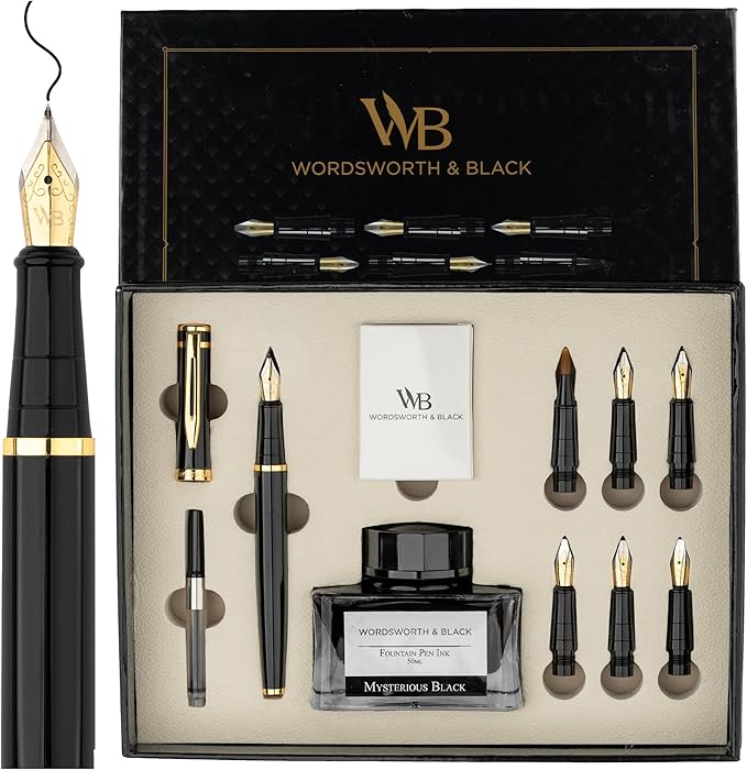 Wordsworth & Black Calligraphy Pen Gift Set, Includes Bottle, 6 Cartridges, Refill Converter, 6 Replacement Nibs, Premium Package, Journaling, Smooth Writing Pens [Black Gold]
