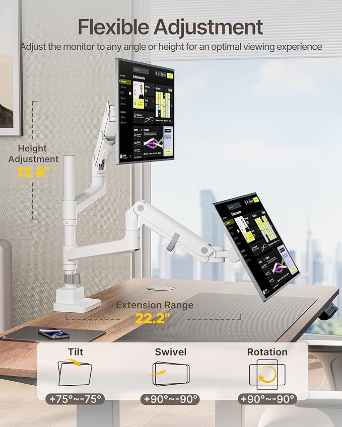 monTEK Dual Monitor Arm for up to 57" and 59.4 lbs Ultrawide Screen, Aluminum Heavy-Duty Gas Spring Vertical Stackable Curved Screen Adjustable Monitor Stand, 75/100mm Vesa Mount, White