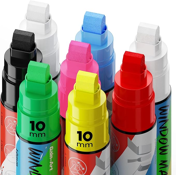 Car Window Markers for Glass Washable, 8 Jumbo Liquid Chalk Pens with 10mm Wide Tips & 3 in 1 Nib, Window Paint for Glass, Chalkboard, Menu Board, Restaurant, Bistro, Grocery Store