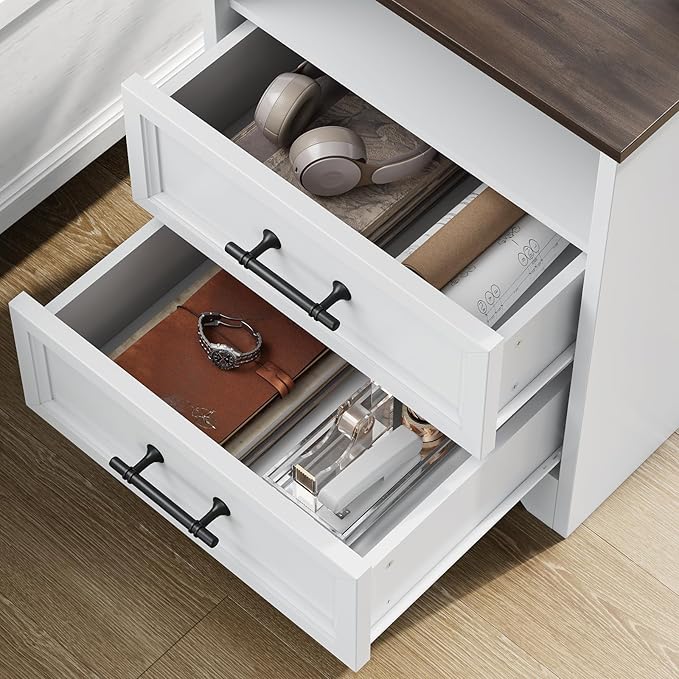 Nightstand with Charging Station, Farmhouse End Table with 2 Drawers Storage, Space-Saving Wood Storage Cabinet with Unique Base Design, Bedside Table for Bedroom, Living Room, White