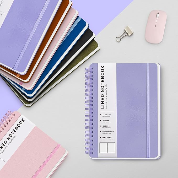 Lined Spiral Journal Notebook, A4 Hardcover Leather Notebook for Work, 8.5''×11'', 100GSM Thick Paper Spiral Bound Journaling Notebooks for Women & Men Office School Note Taking Business, Purple
