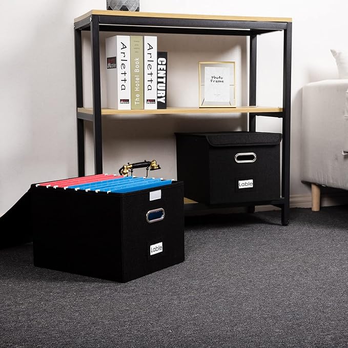 PRANDOM File Organizer Box - Set of 2 Collapsible Decorative Linen Filing Storage Hanging File Folders with Lids Office Cabinet Letter Size Black (15x12.2x10.75 inch)