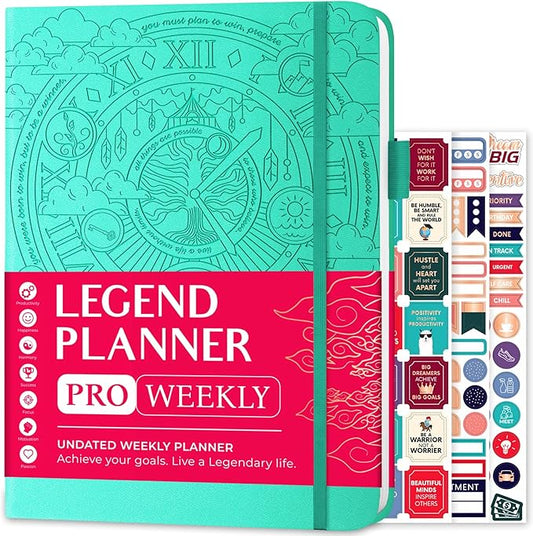 Legend Planner PRO – Deluxe Weekly & Monthly Life Planner to Increase Productivity and Hit Your Goals. Time Management Organizer Notebook – Undated – 7 x 10" Hardcover + Stickers – Mint Green
