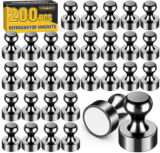VNDUEEY 200 Pack Black Fridge Magnets, Refrigerator Magnets Whiteboard Magnets, Magnet Refrigerator, Magnetic Push Pins, Small and Strong Magnet for Home, Office, School, Locker and Map