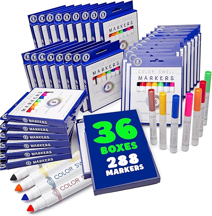 Color Swell Bulk Washable Markers (288 Total) – 36 Packs, 8 Colors per Pack – Ideal for Teachers, Kids, Party Favors, Classrooms, Donations, Students - Broad Line Bulk Markers