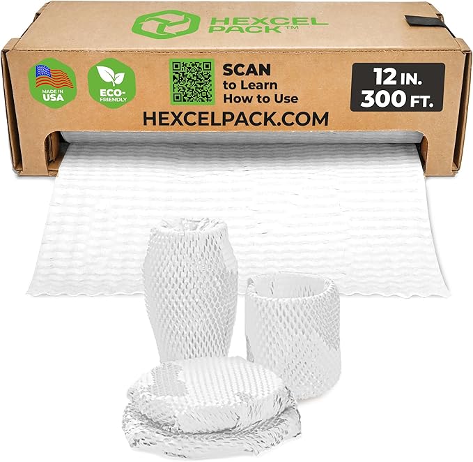 HexcelWrap Mini - Honeycomb Packing Paper, Eco-Friendly, Sustainable Paper Bubble Wrap for Shipping & Moving, Cushioned Packing Material in Easy Self-Dispenser Box - White, 12" x 300'