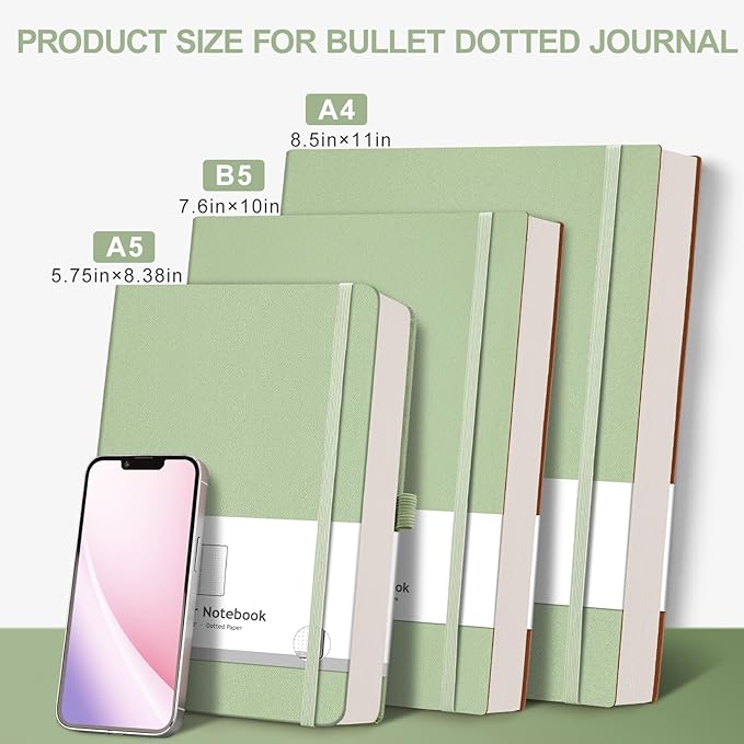 AHGXG Bullet Dotted Journal - 320 Numbered Pages Dot Grid Notebook A5 Thick Journal, 100gsm Thick Dotted Paper, Leather Hardcover,Inner Pocket, 5.75'' × 8.38''-LightGreen