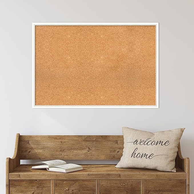 Amanti Art Natural Cork Board for Wall, 25x37 Vision Board with White Frame, Large Corkboard Office Decor for Home Organization, Modern Corkboard Pinboard to Display Items for Home Organization in