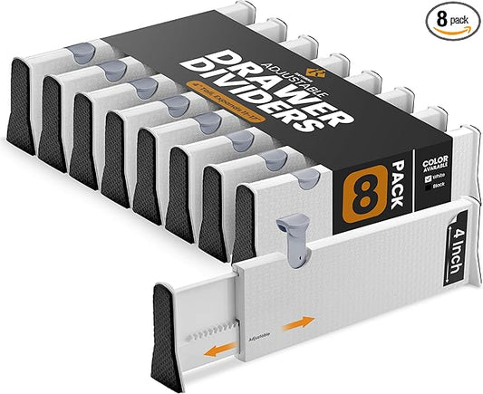 RAPTUROUS 4" Tall Drawer Dividers, 8-Pack, 11-17" Long, Expandable & Adjustable, Strong & Sturdy Non-Slip Dividers for Dresser, Closet, Kitchen, Nursery, and Office (White)