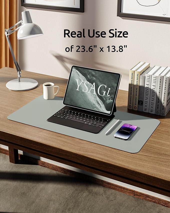 YSAGi Leather Desk Protector, Office Mat, Large Mouse Mat, Non-Slip PU Leather Blotter, Laptop Pad, Waterproof Writing Pad for Office and Home (Grayish Green, 23.6" x 13.8")