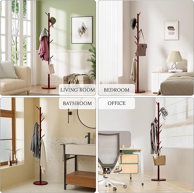 Wooden Coat Rack Freestanding Coat Tree with 4 Height Options and 9 Hooks, Sturdy Coat Rack Stand for Clothes/Bags/Hats, Easy Assemble Save Space for Entryway,Bedroom,Office,Narrow Place (Brown)