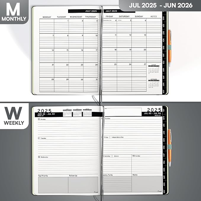 Ensight 2025-2026 HARDCOVER Leather Planner Weekly & Monthly - 8.5x11 Inches - Academic Planner Business Personal or Student - Pen Holder, Thick Paper, July 2025 - June 2026 (Grey)
