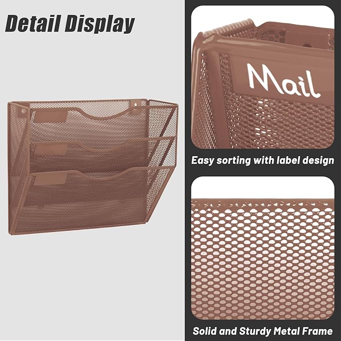EASEPRES 3 Pocket Mesh Hanging Wall File Organizer, Wall Mounted Mail Paper Document Folder Holder, Clipboard Storage Organization Magazine Rack with Nametag Label for Office Home School, Brown