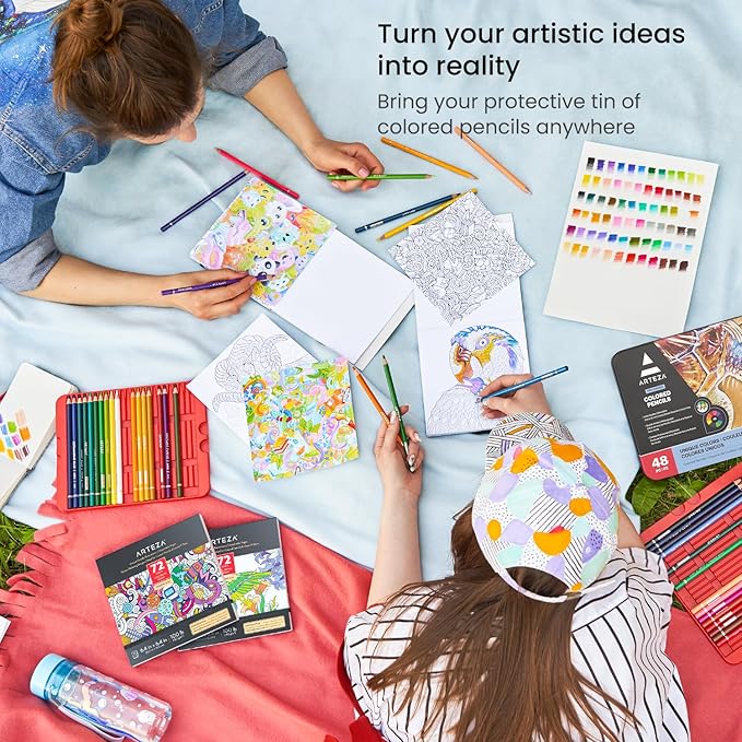 ARTEZA Colored Pencils, 48 Wax-Based Color Pencils, Vibrant Coloring Pencils in Tin Box for Adults, Professional Art Supplies