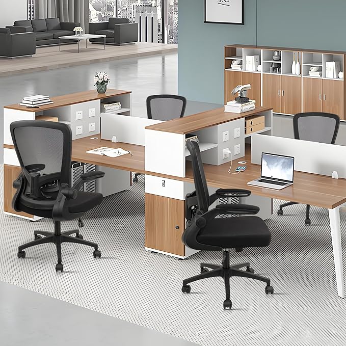 Office Desk Chairs with Wheels, Ergonomic Mesh Chair with Adjustable Height Lumbar Support, Rolling Swivel Computer Task Chair with Flip Up Armrests for Home, Study, Conference, Black (2PK)