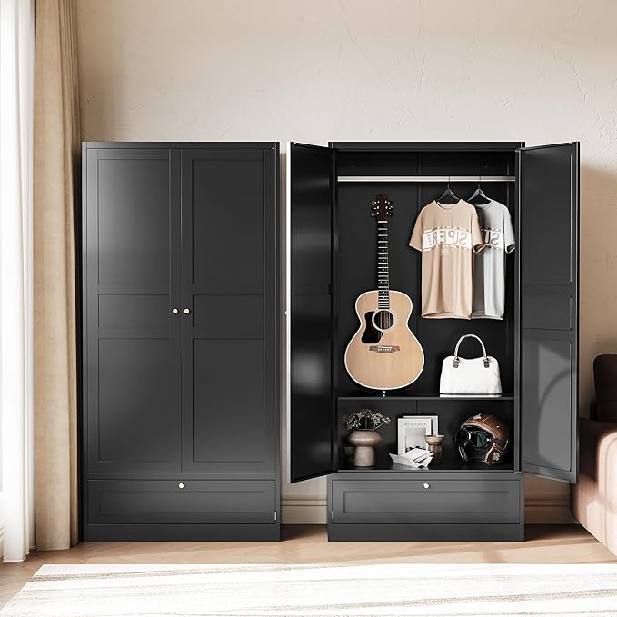 Letaya Wardrobe Closet,72" H Clothing Metal Storage Cabinet with Storage Drawer Adjustable Shelves and Hanging Rod,Bedroom Armoire Cabinet Clothes Organizer (Black)