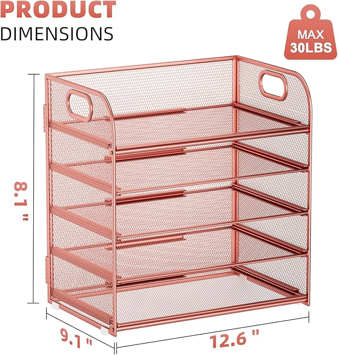 Marbrasse 5 Tier Paper Organizer Letter Tray, Mesh Desk File Organizer with Handle, Paper Sorter Desk Organizer for Home Office Supplies - Rose Gold