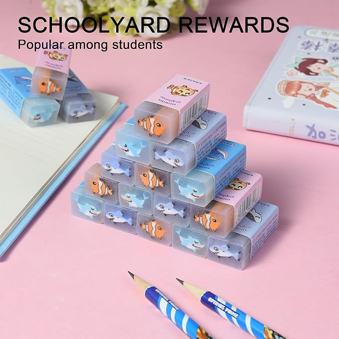 18Pcs Cute Sea Animal Erasers for Kids Bulk, Kawaii Fun Pencil Jelly Erasers for School Classroom Supplies Prize Gifts Party Favors