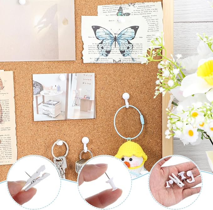 BESARME 200 Pieces Push Pins Set, 5 Types White Thumb Tacks Cute Decorative Push Pins for Wall Cork Board Bulletin Boards with Storage Box