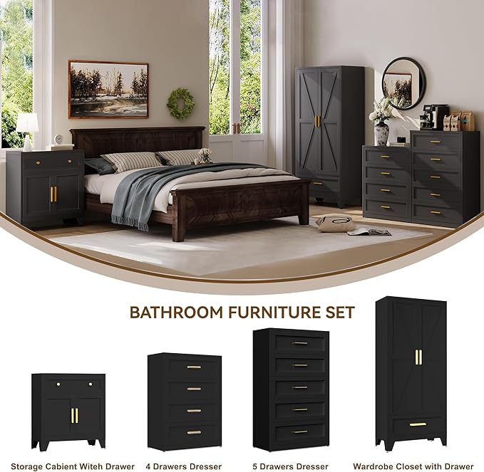 Farmhouse Wardrobe Cabinet with 2 Drawers,Metal Wardrobe Closet with Hanging Rod,Metal Armoire with Adjustable Shelves for Bedroom,Living Room, Cloak Room,Office (Blakc)