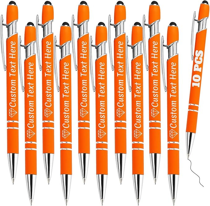 Personalized Pens Bulk 10 with Name Custom Engraving Ballpoint Pens with Stylus Tip Customized Smooth Writing Pens Personalized Gifts for Anniversary Birthday or Graduation(Orange,Black Ink)