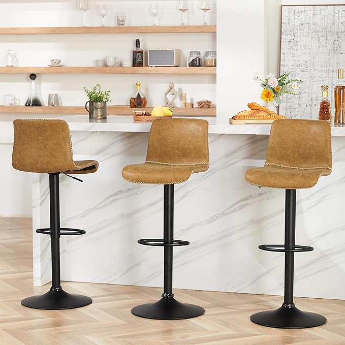 HeuGah Bar Stools Set of 3, Swivel Counter Height Barstools with Back, Adjustable Height 24" to 32", Whiskey Brown Faux Leather Bar Chairs for Kitchen Island (Whiskey Brown, Set of 3 (24'' to 32''))