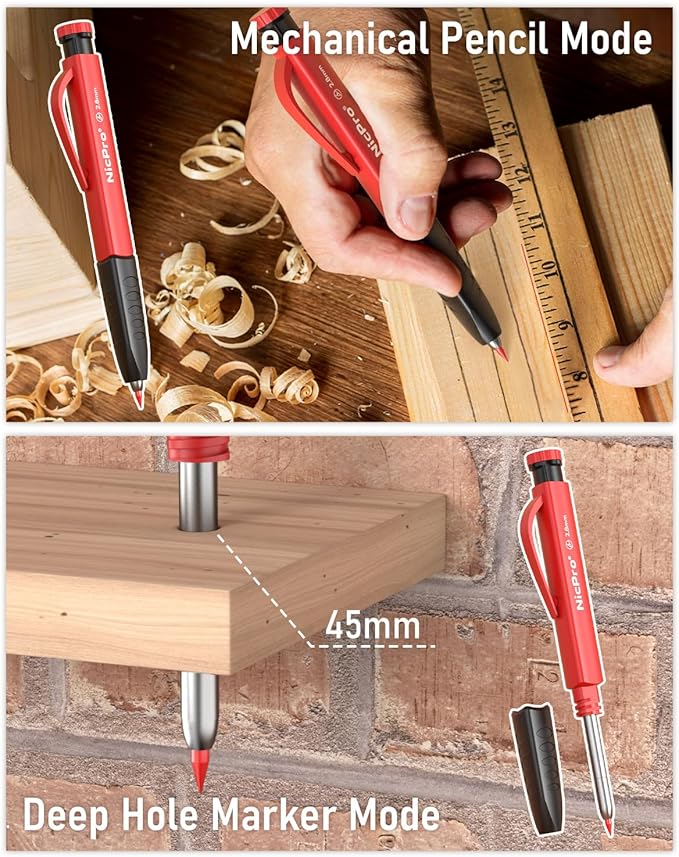 Nicpro 5 Pack Mechanical Carpenter Pencil Set with Sharpener & Finger Grip, Mechanical Woodworking Pencils with 41 Refills, Deep Hole Marker Heavy Duty Construction Pencils for Architect- With Case