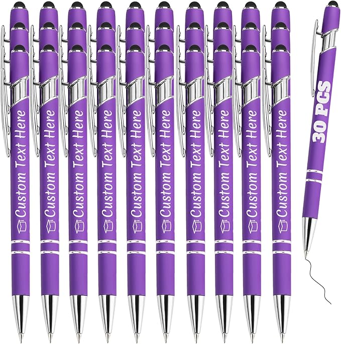 Personalized Pens Bulk 30 with Name Custom Engraving Ballpoint Pens with Stylus Tip Customized Smooth Writing Pens Personalized Gifts for Anniversary Birthday or Graduation(Purlpe,Black Ink)