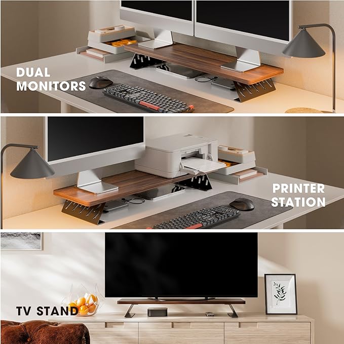 Fenge Monitor Stand Riser, Desk Top Shelf for 2 Monitors, Computer Stands for Desk, Wood & Steel Desktop Riser for Laptop, PC, Printer