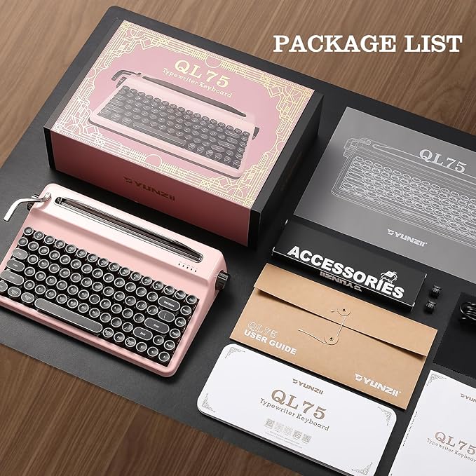 YUNZII QL75 Wireless Typewriter Hot Swap Retro Mechanical Keyboard,Punk Round Keycaps,RGB Backlit QMK/VIA Programmable,Multi-Device Keyboard with 2.4GHz/Type-C/BT5.0 (Pink, Onyx Switch)