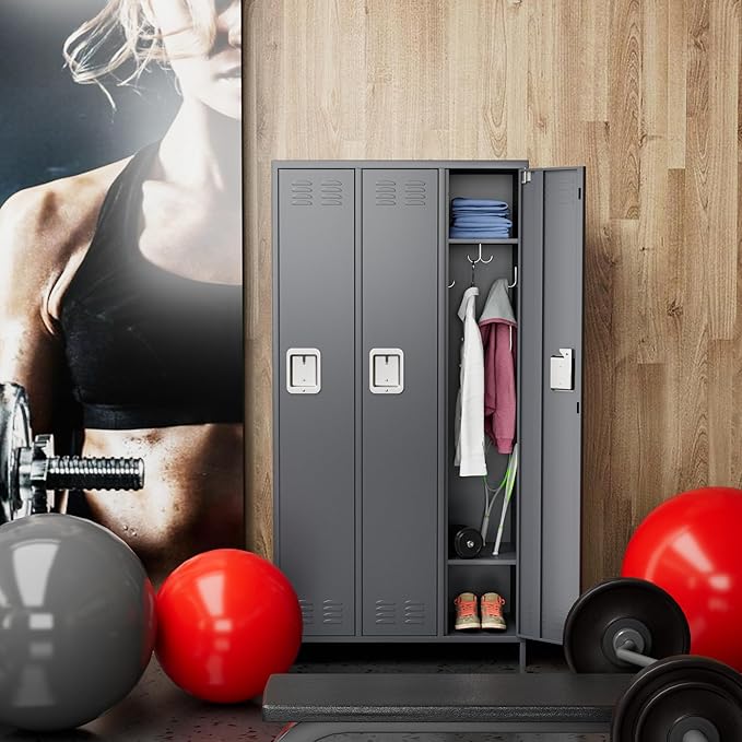 Metal Storage Locker with 3 Doors,Metal Locker for Employees with 9 Hooks for School Garage Office Gym Home,Assembly Required,Dark Grey