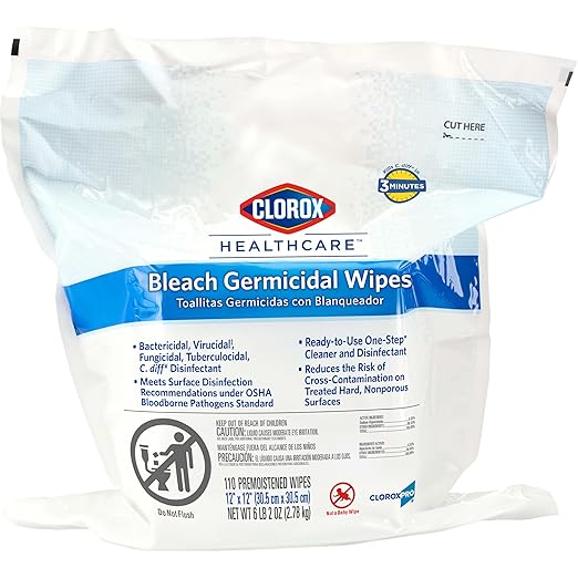 Clorox Healthcare Bleach Germicidal Wipes, 12" x 12", Refill for Bucket, 110 Count Pouch (Package May Vary)