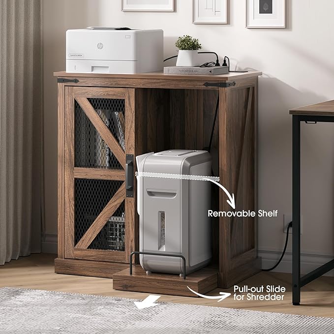 Printer Stand with Storage,File Cabinet with Socket and USB Charging Port,Farmhouse Paper Shredder Stand Rack with Slide-Out Shelf,Walnut
