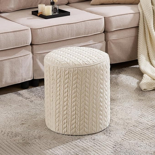 Modern Round Ottoman, Braided-Tufted Foot Stool Ottoman, Velvet Upholstered Vanity Stool for Makeup, Bedroom, Living Room, White