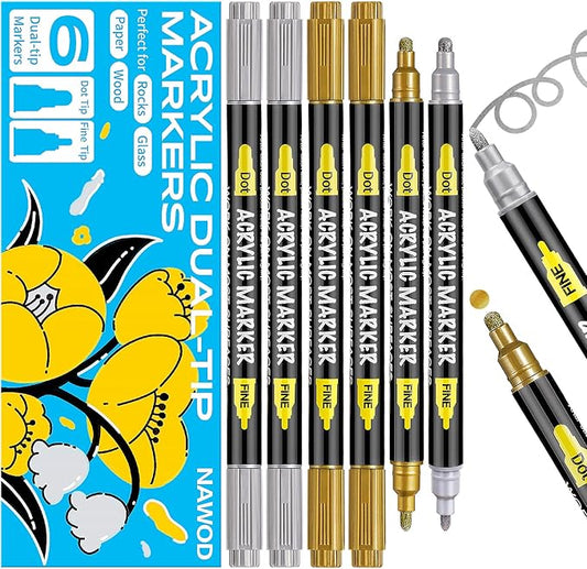 NAWOD 6 Gold and Silver Acrylic Paint Pens Markers, with Fine Tip and Medium Tip, for Rock Painting, Fabric, Canvas, Glass, Wood, Paper, DIY, Ceramic, Paint Markers for Kids and Adults
