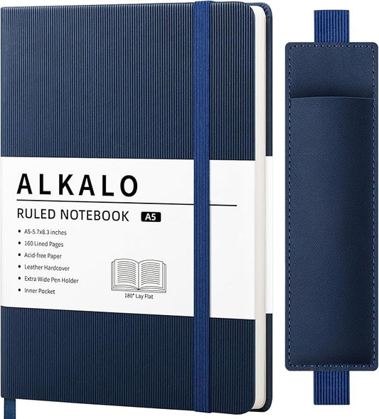 Lined Journal Notebook for Work, A5 Leather Notebook with Pen Holder, 100GSM/160 Pages Thick Paper, Daily Journals for Writing, School, Note Taking, Business, Travel, College Ruled