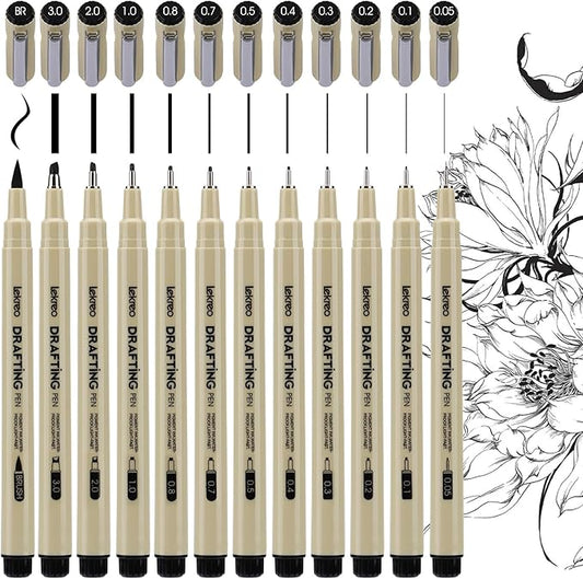 Micron 12-Piece Fineliner Pen, Assorted Point Sizes 0.05 to 3mm & Brush Pens, for Art, Writing & Bullet Journaling - Assorted Point Sizes (12 Point Sizes)