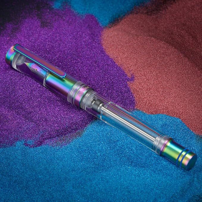 Asvine V200 Titanium Fountain Pen Vacuum Filling, Rainbow Medium Nib Clear Demonstrator Acrylic with Pen Case and Wrench