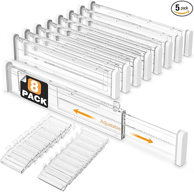 HiYZ Expandable Drawer Dividers with Inserts - Adjustable Drawer Organizers Separators for Kitchen, Bedroom, Dresser, Office, 8 Long Dividers(12.6-22.8 IN) with 16 Inserts(3.9-7.1 IN) - Clear