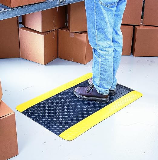 Wearwell 414.1516x2x8BYL Diamond-Plate SpongeCote UltraSoft Mat, 8' Length x 2' Width x 15/16" Thick, Black with Yellow