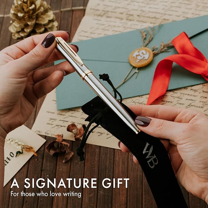 Wordsworth & Black Fountain Pen Set, 18K Gilded Medium Nib, Includes 24 Pack Ink Cartridges, Ink Refill Converter & Gift Pouch, Gold Finish, Calligraphy, [Silver Gold], Perfect for Men & Women