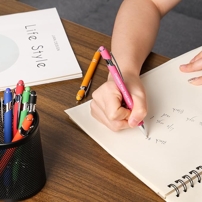 Custom Pens Personalized in Bulk – Engraved with Name, Text on Both Sides – Multiple Colors – Black Ink Ballpoint Pens with Stylus – Great for Business, Events, Parties, Marketing, Gifts