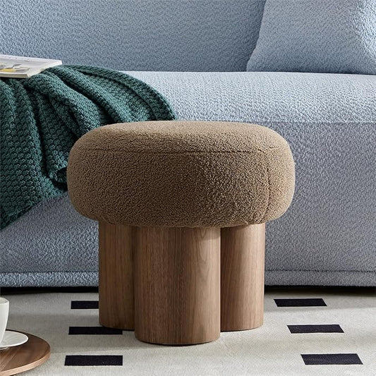 MEETAKING Small Round Foot Stool, Teddy Fabric Footrest Ottoman Stool with Non-Skid Legs, Modern Footstools Step for Couch, Desk, Office, Living Room (Brown)